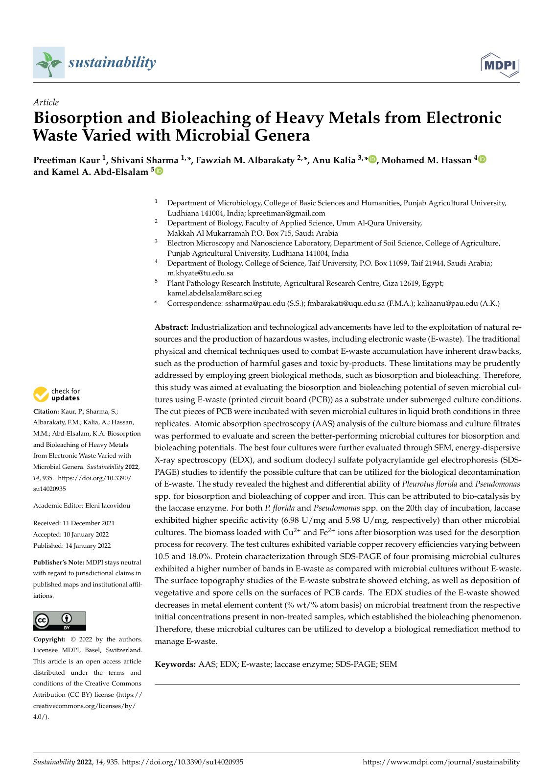 First page of Biosorption and Bioleaching of Heavy Metals from Electronic Waste Varied with Microbial Genera