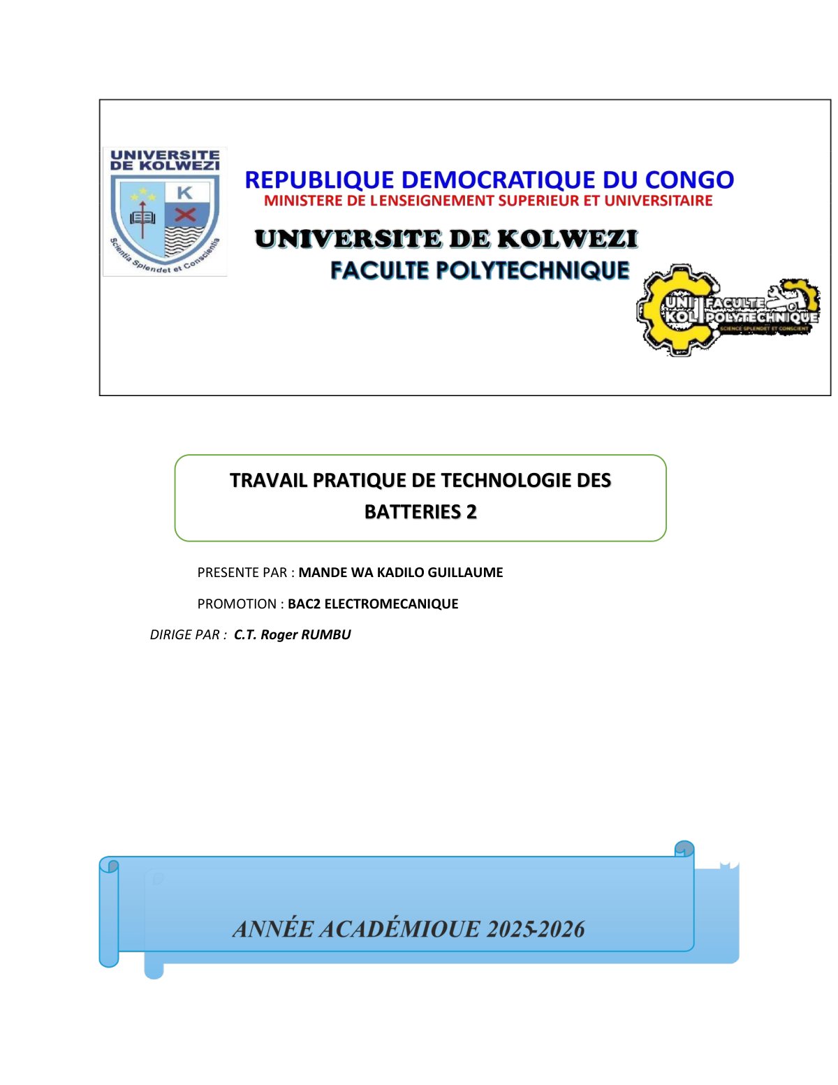 First page of TP DE TECH DE BATT 2, REALISER PAR MANDE WA KADILO GUILLAUME