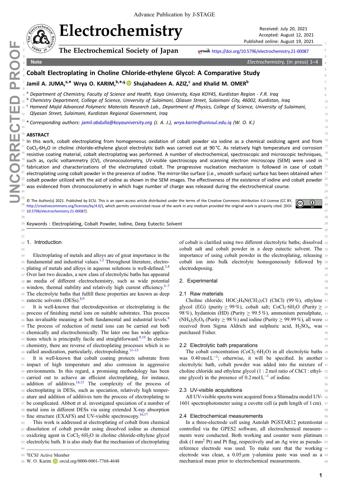 First page of Cobalt Electroplating in Choline Chloride-ethylene Glycol: A Comparative Study