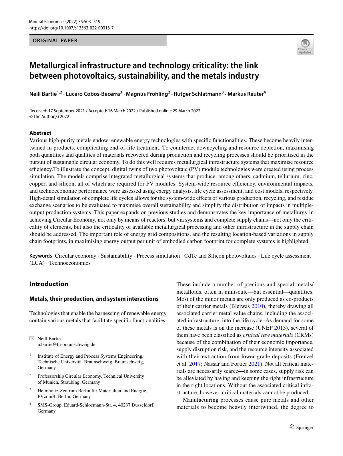First page of Metallurgical infrastructure and technology criticality: the link between photovoltaics, sustainability, and the metals industry