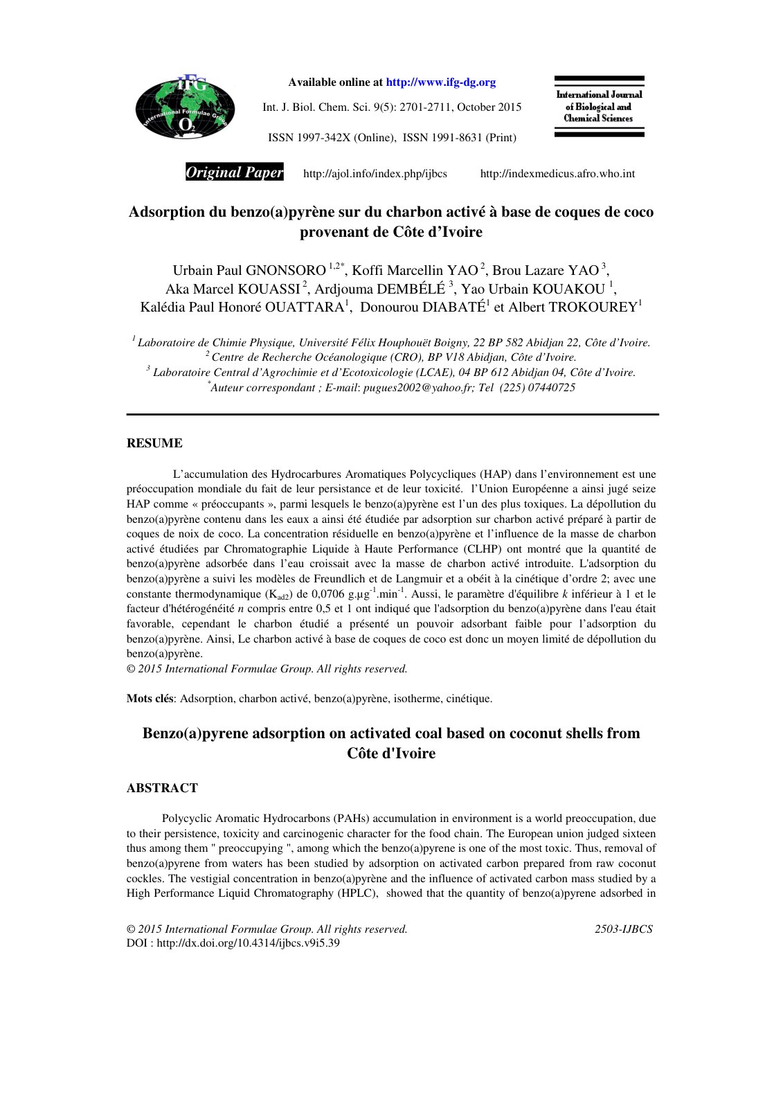 First page of Adsorption du benzo a pyrene sur du char