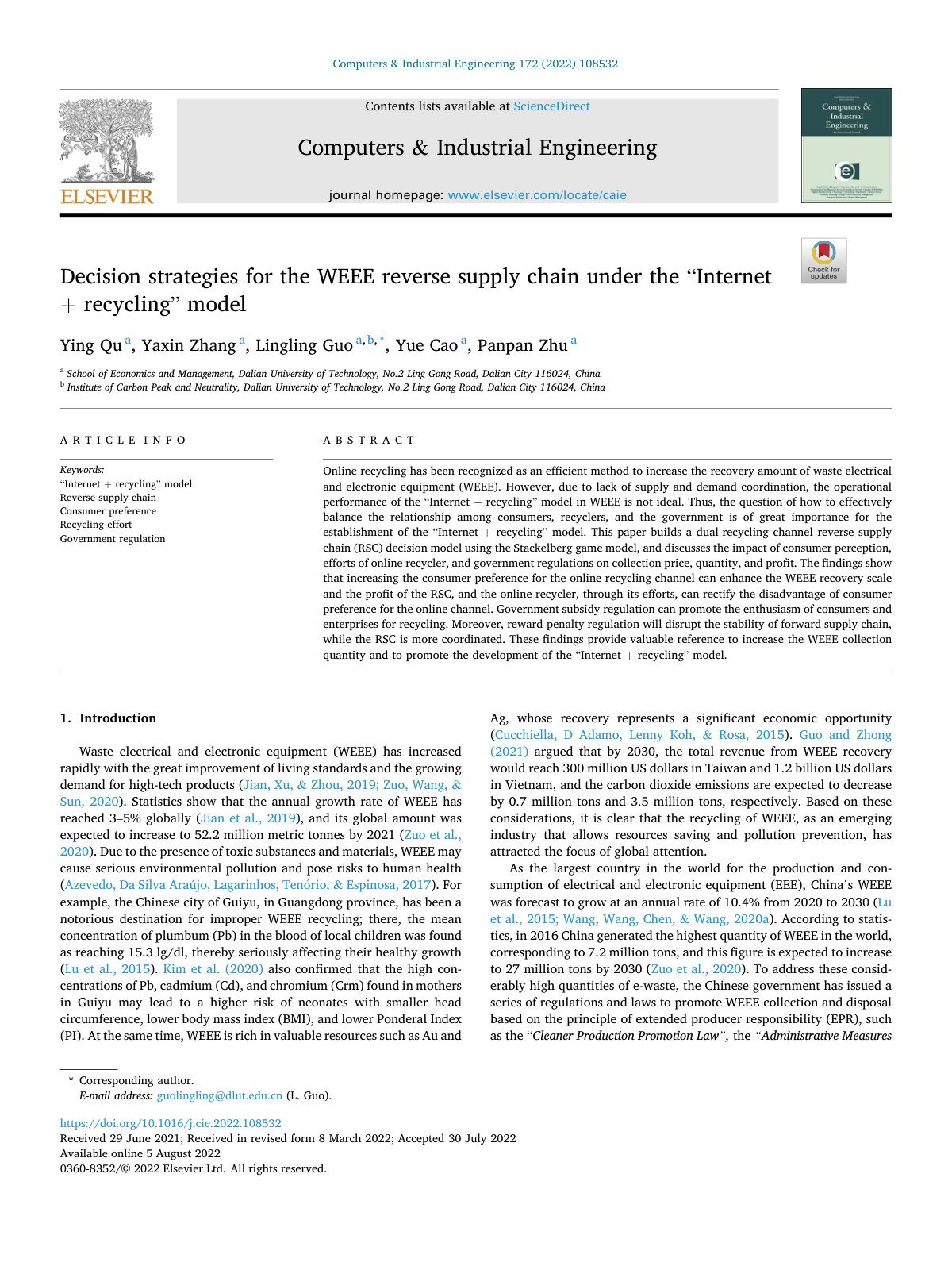 First page of Decision strategies for the WEEE reverse supply chai 2022 Computers   Indust