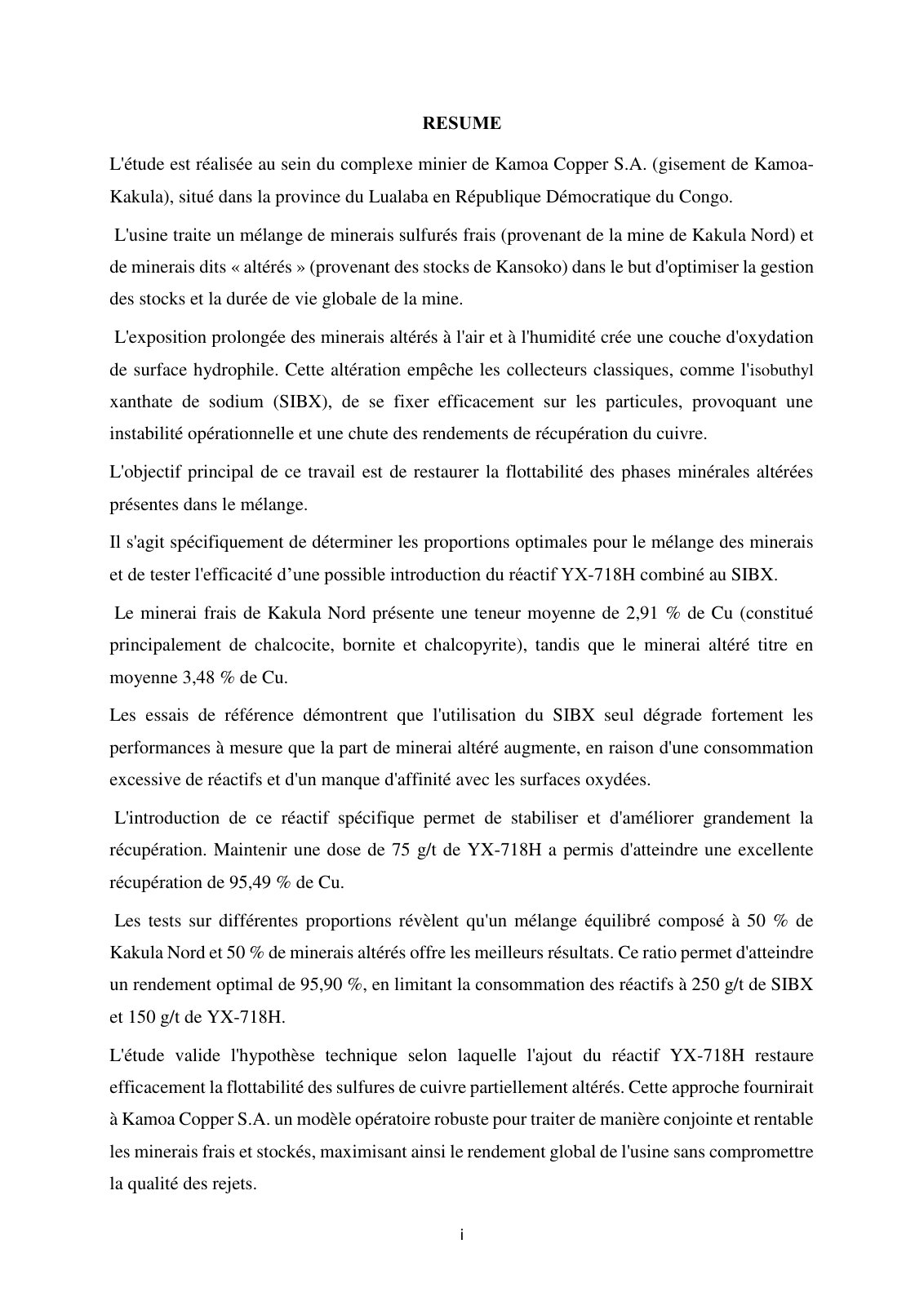 First page of L'étude sur la flottabilité des sulfures de cuivre altérés au complexe minier de Kamoa Copper S.A.