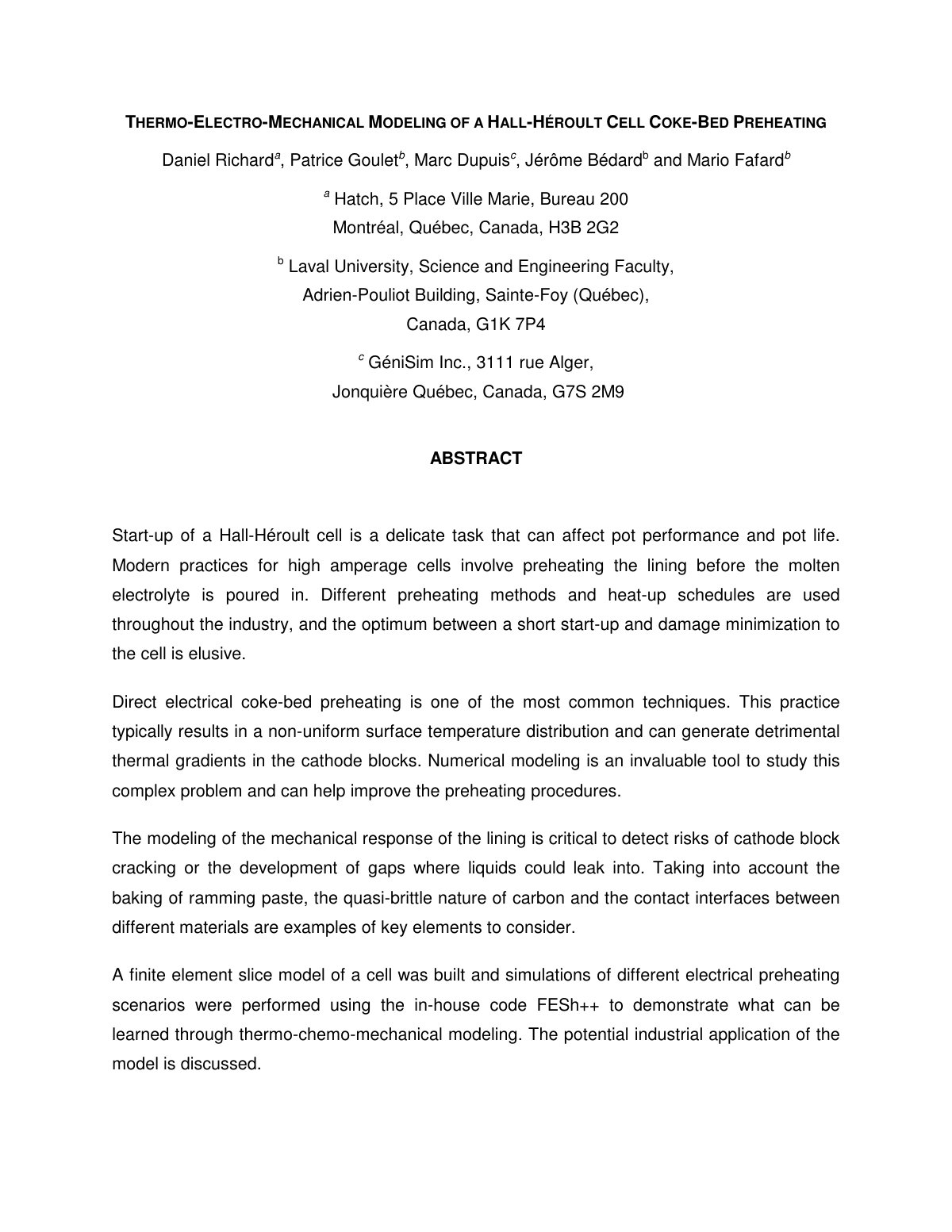 First page of THERMO-ELECTRO-MECHANICAL MODELING OF A HALL-HÉROULT CELL COKE-BED PREHEATING