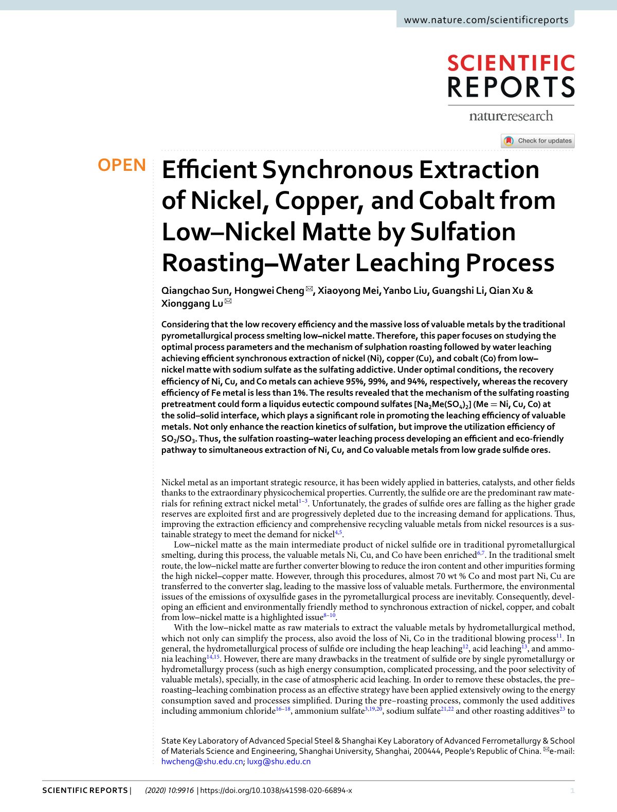 First page of Efficient Synchronous Extraction of Nickel, Copper, and Cobalt from Low–Nickel Matte by Sulfation Roasting‒Water Leaching Process