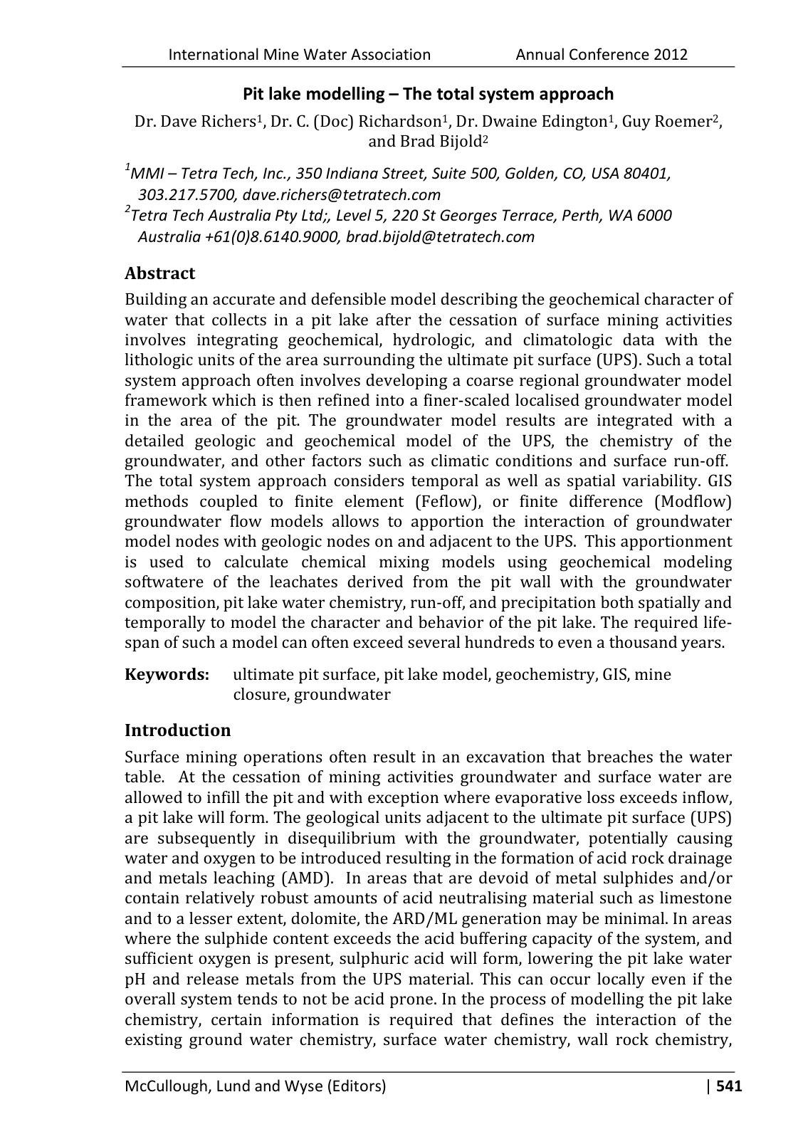 First page of Pit lake modelling – The total system approach