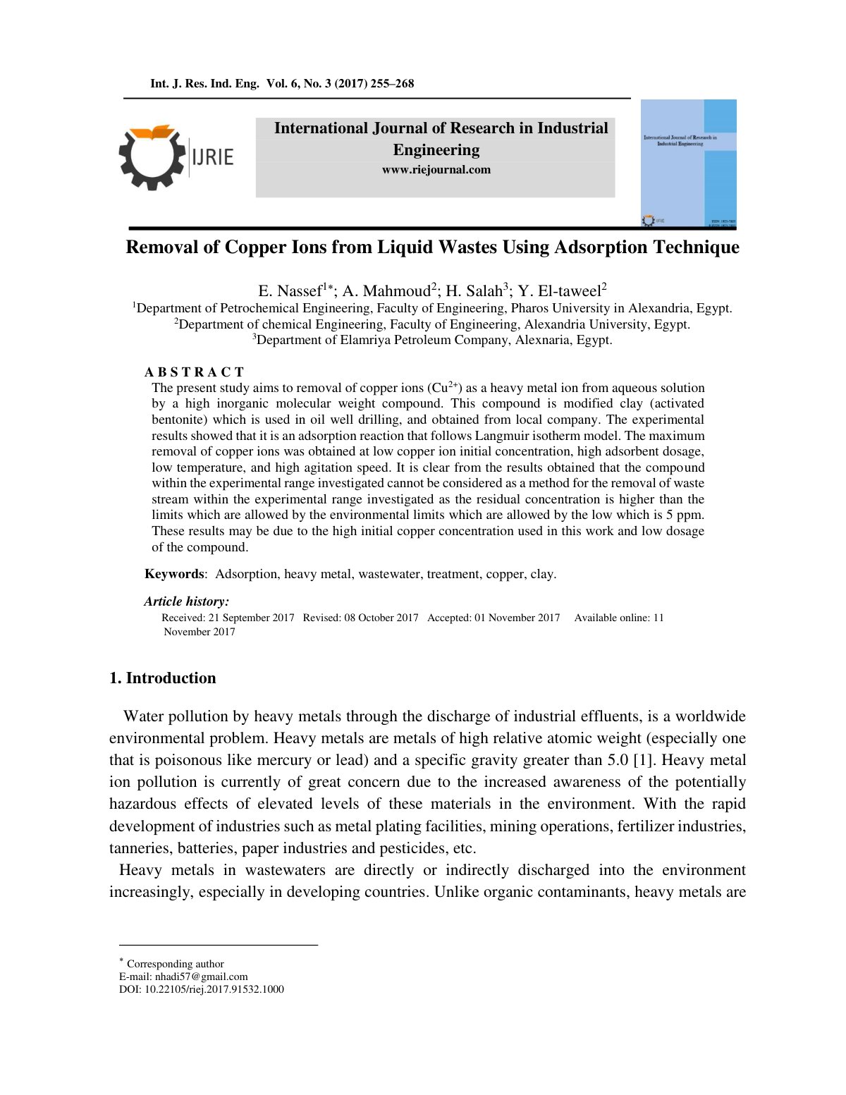 First page of Removal of Copper Ions from Liquid Waste