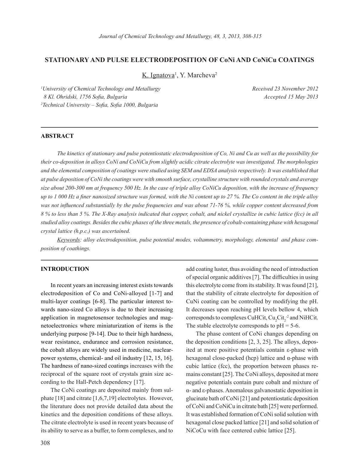 First page of STATIONARY AND PULSE ELECTRODEPOSITION OF CoNi AND CoNiCu COATINGS