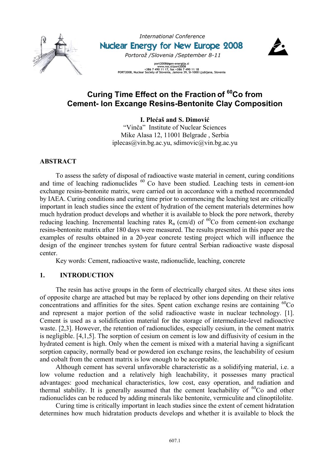 First page of Curing Time Effect on the Fraction of 60Co from Cement- Ion Excange Resins-Bentonite Clay Composition