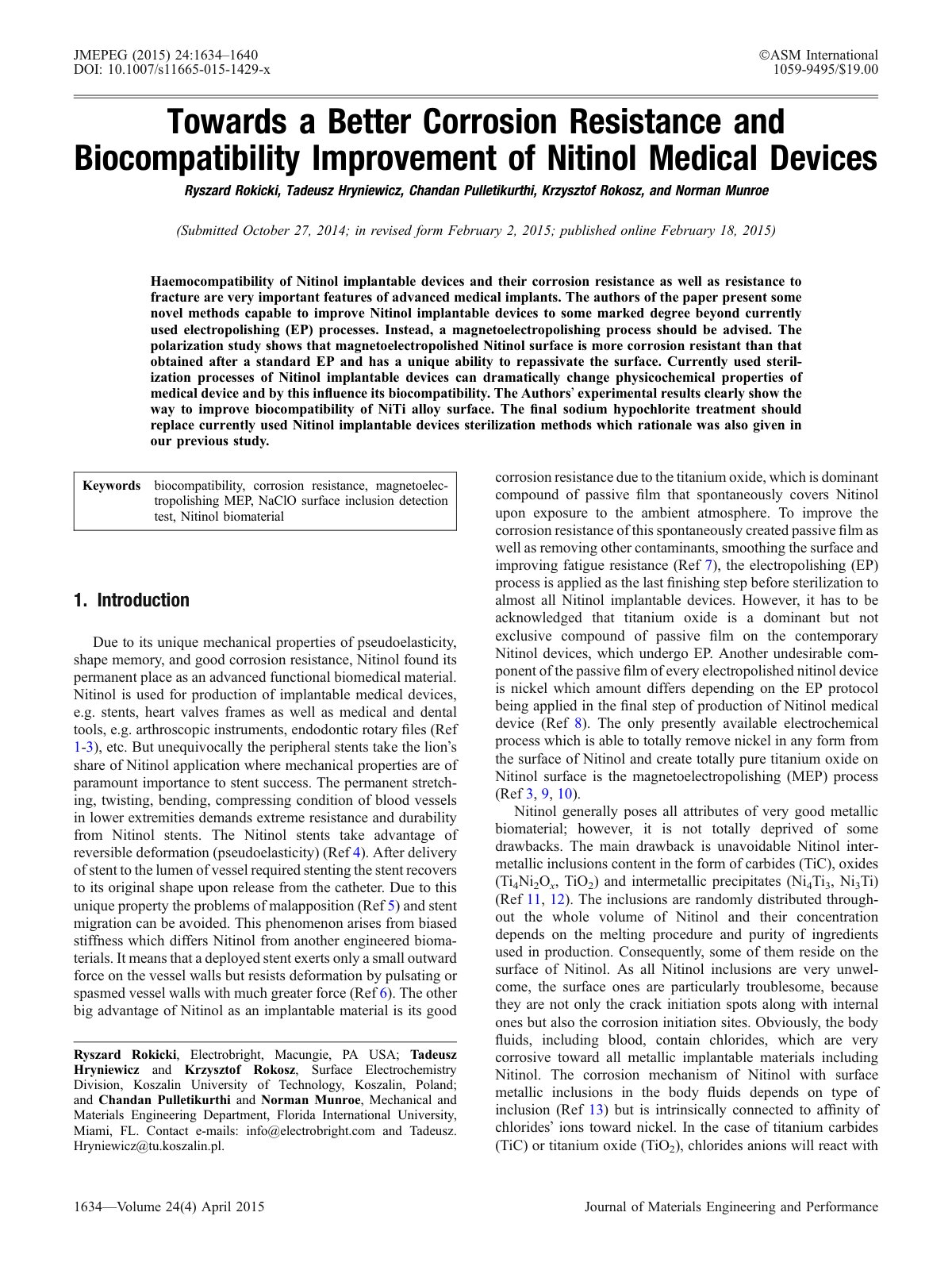 First page of Towards a Better Corrosion Resistance and Biocompatibility Improvement of Nitinol Medical Devices