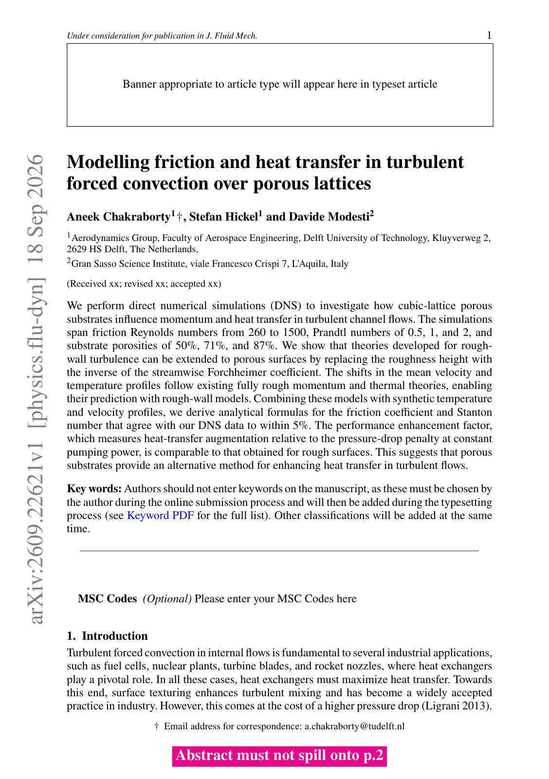 First page of Modelling friction and heat transfer in turbulent forced convection over porous lattices