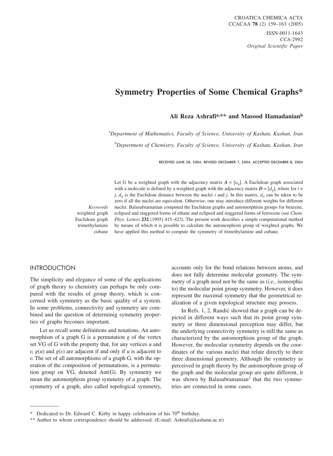 First page of Symmetry Properties of Some Chemical Graphs