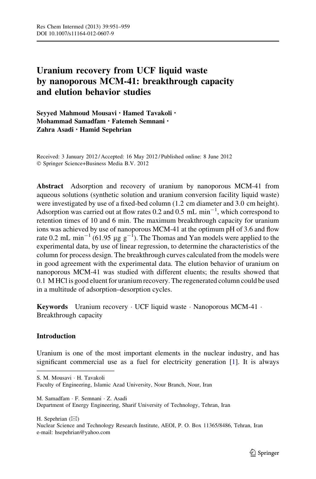 First page of Uranium recovery from UCF liquid waste by nanoporous MCM-41: breakthrough capacity and elution behavior studies