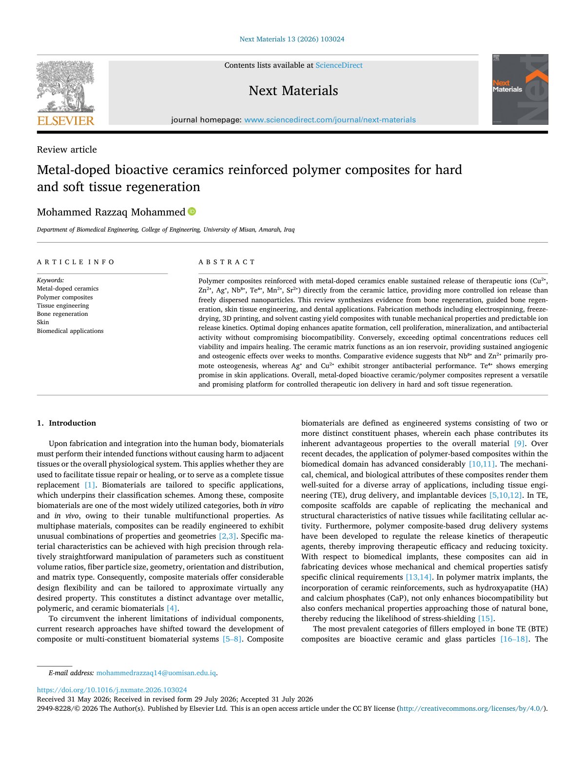 First page of Metal doped bioactive ceramics reinforced polymer composites f 2026 Next Mat