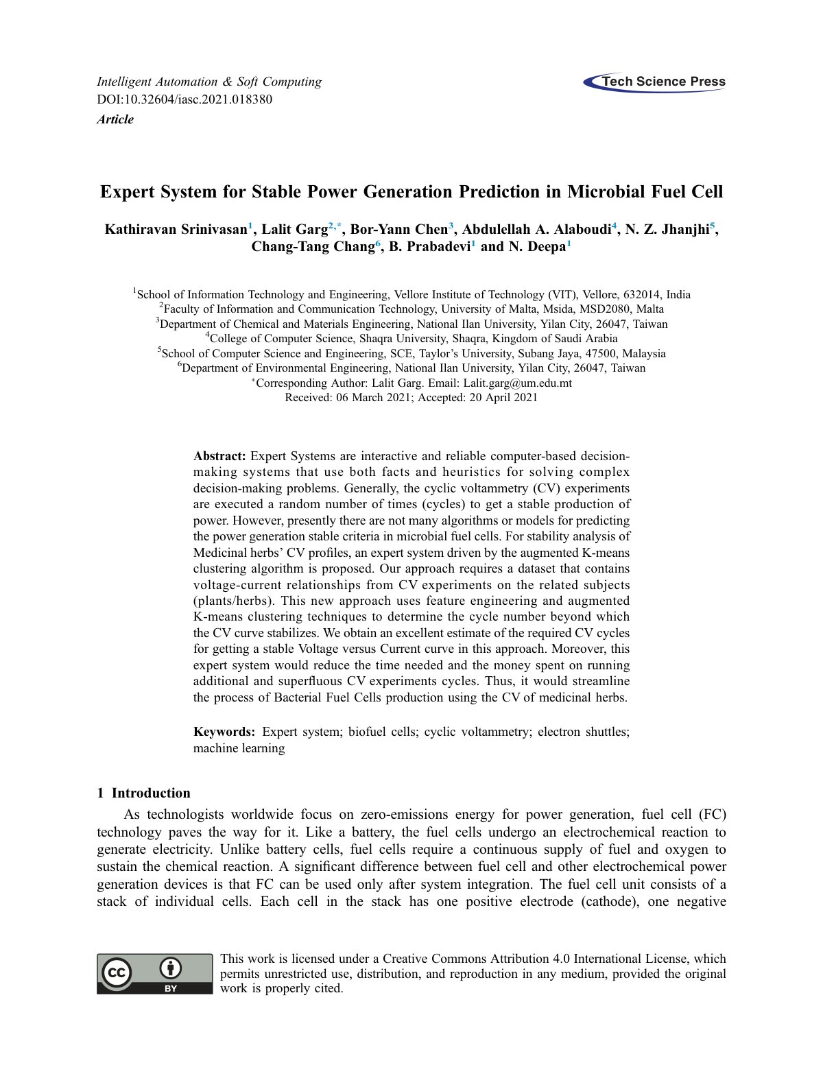 First page of Expert System for Stable Power Generation Prediction in Microbial Fuel Cell
