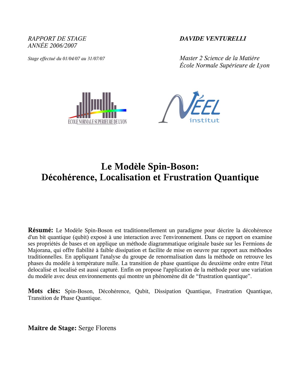 First page of Le Modèle Spin-Boson: Décrohérence, Localisation et Frustration Quantique
