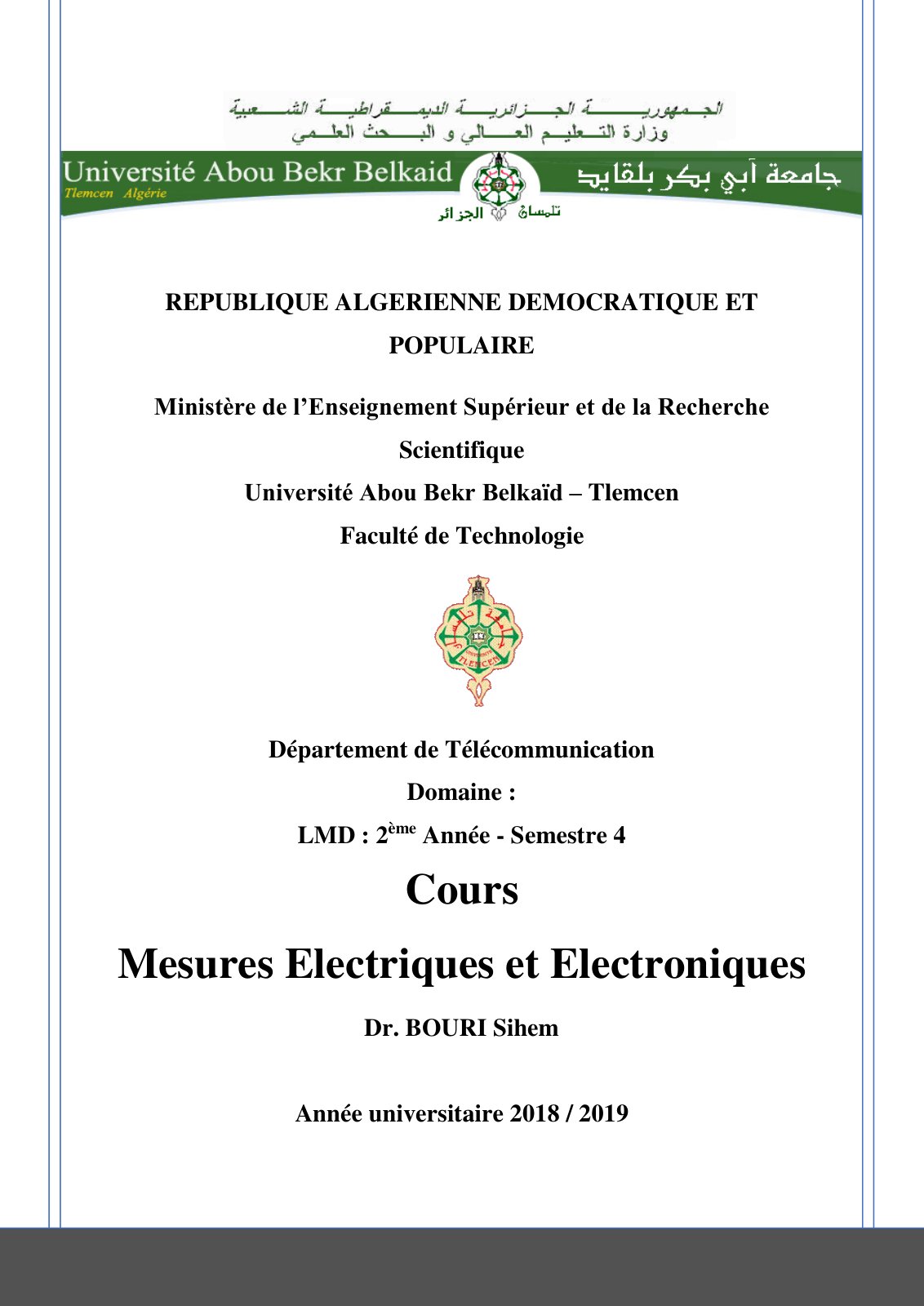 First page of Mesures Electriques et Electroniques Bac1 SMAG