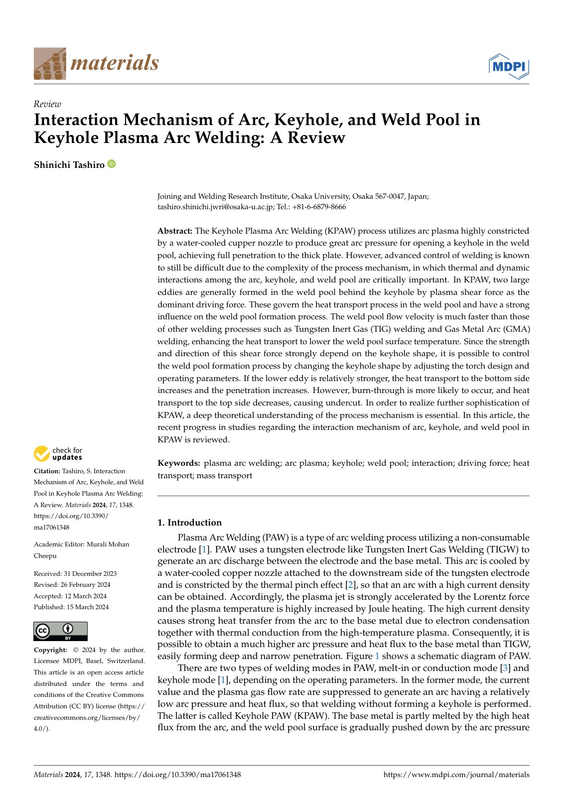 First page of Interaction Mechanism of Arc, Keyhole, and Weld Pool in Keyhole Plasma Arc Welding: A Review