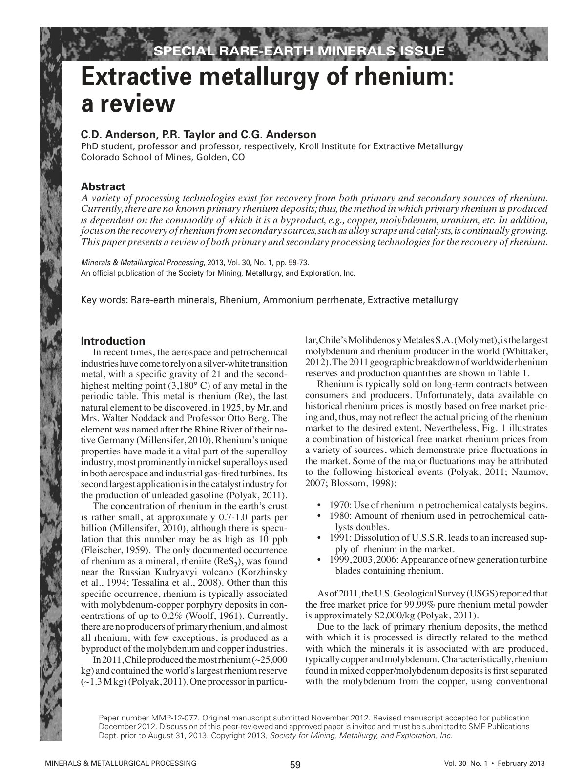First page of Extractive metallurgy of rhenium a revie