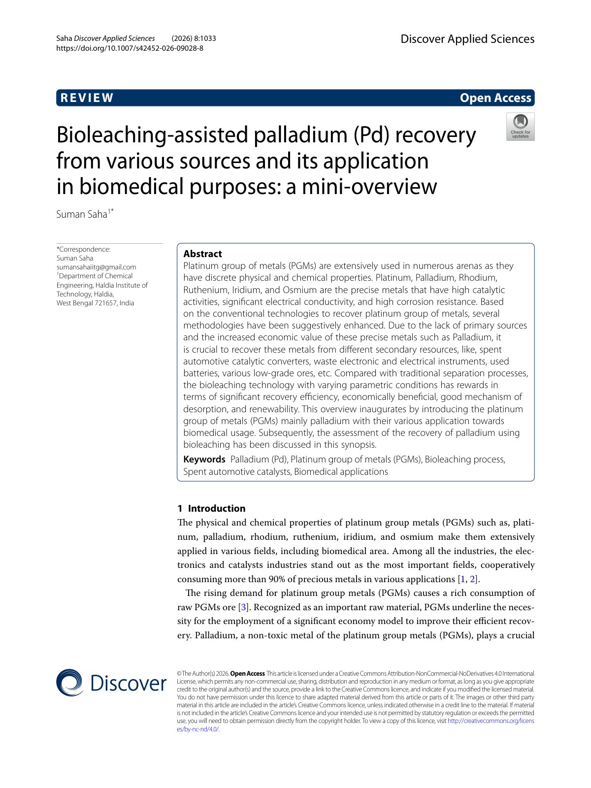 First page of Bioleaching-assisted palladium (Pd) recovery from various sources and its application in biomedical purposes: a mini-overview