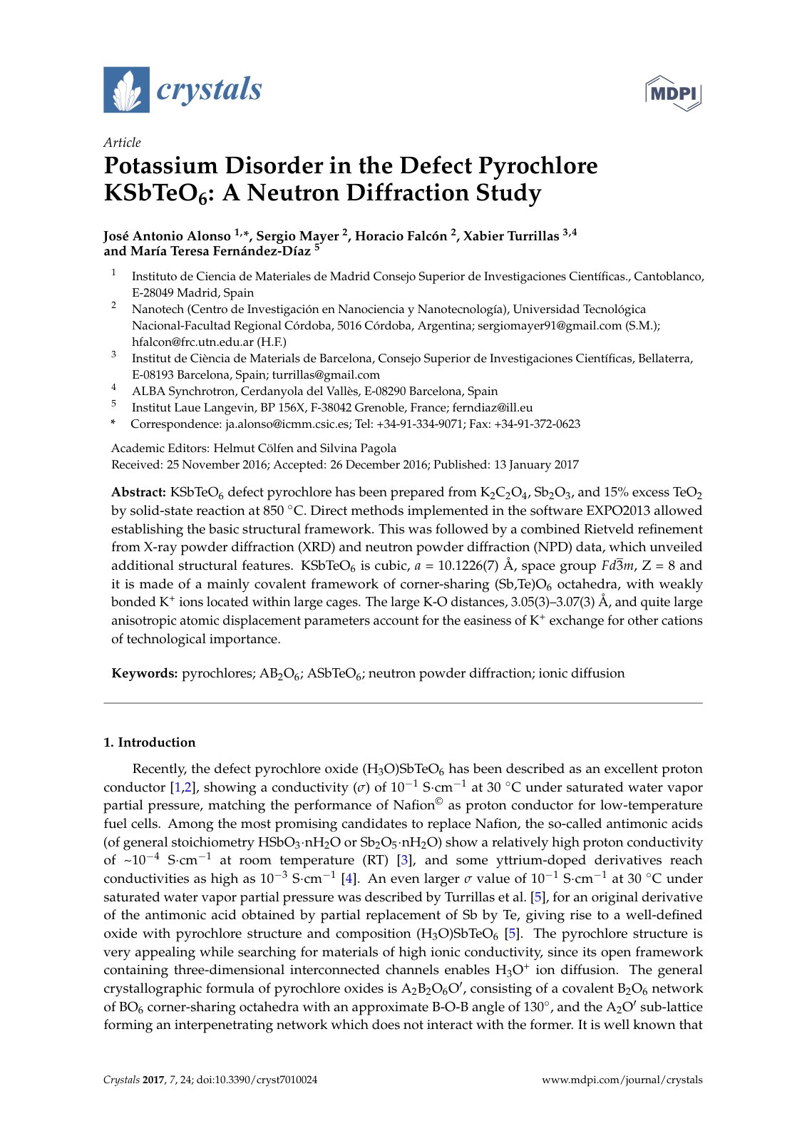 First page of Potassium Disorder in the Defect Pyrochlore KSbTeO6: A Neutron Diffraction Study