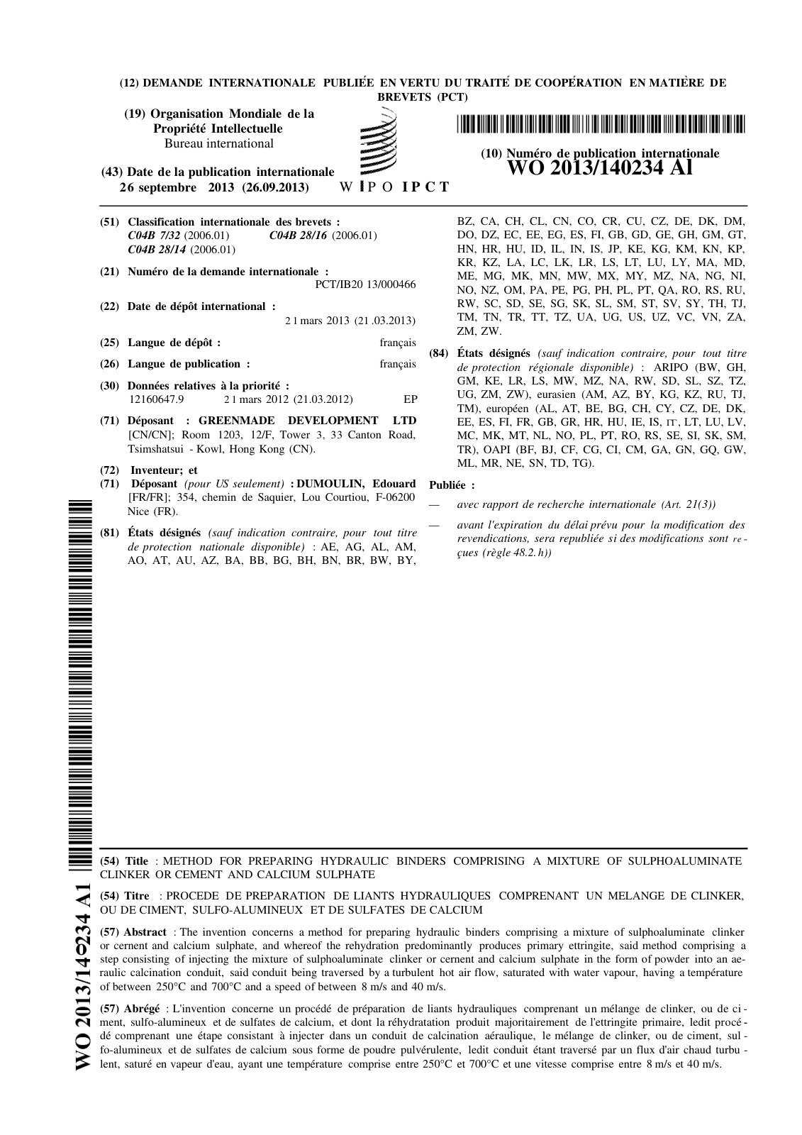 First page of PROCEDE DE PREPARATION DE LIANTS HYDRAULIQUES COMPRENANT UN MELANGE DE CLINKER, OU DE CIMENT, SULFO-ALUMINEUX ET DE SULFATES DE CALCIUM