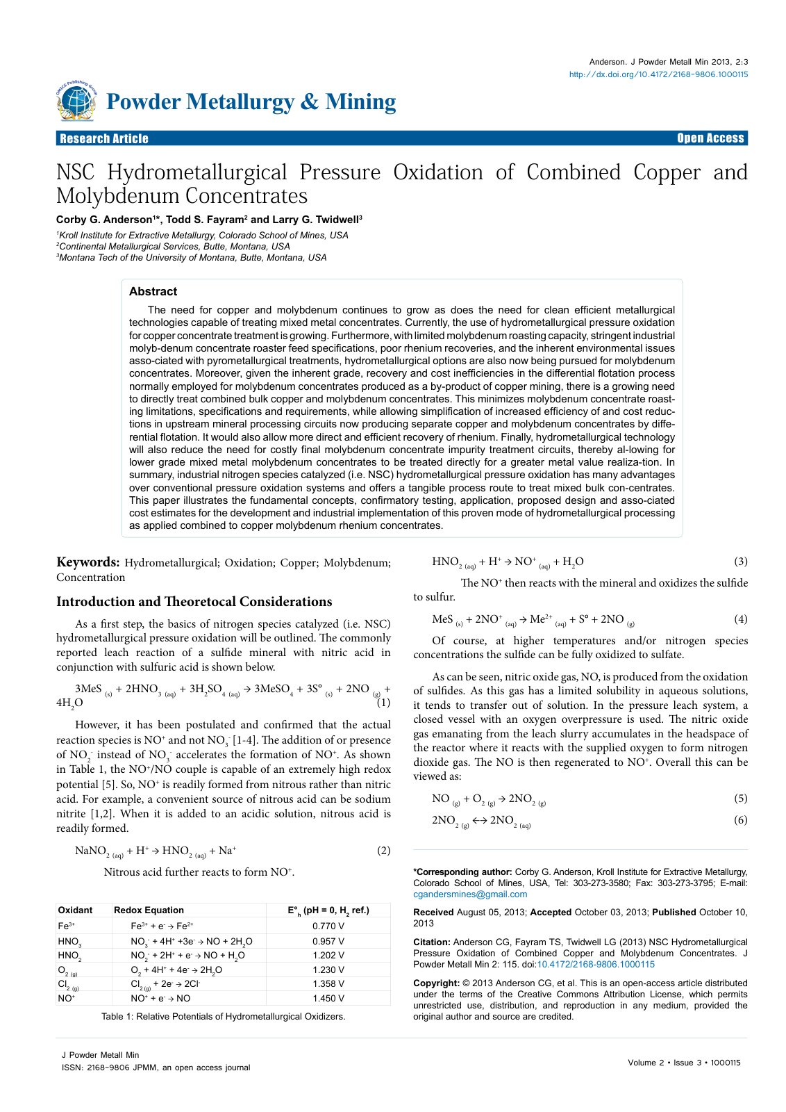 First page of NSC Hydrometallurgical Pressure Oxidatio