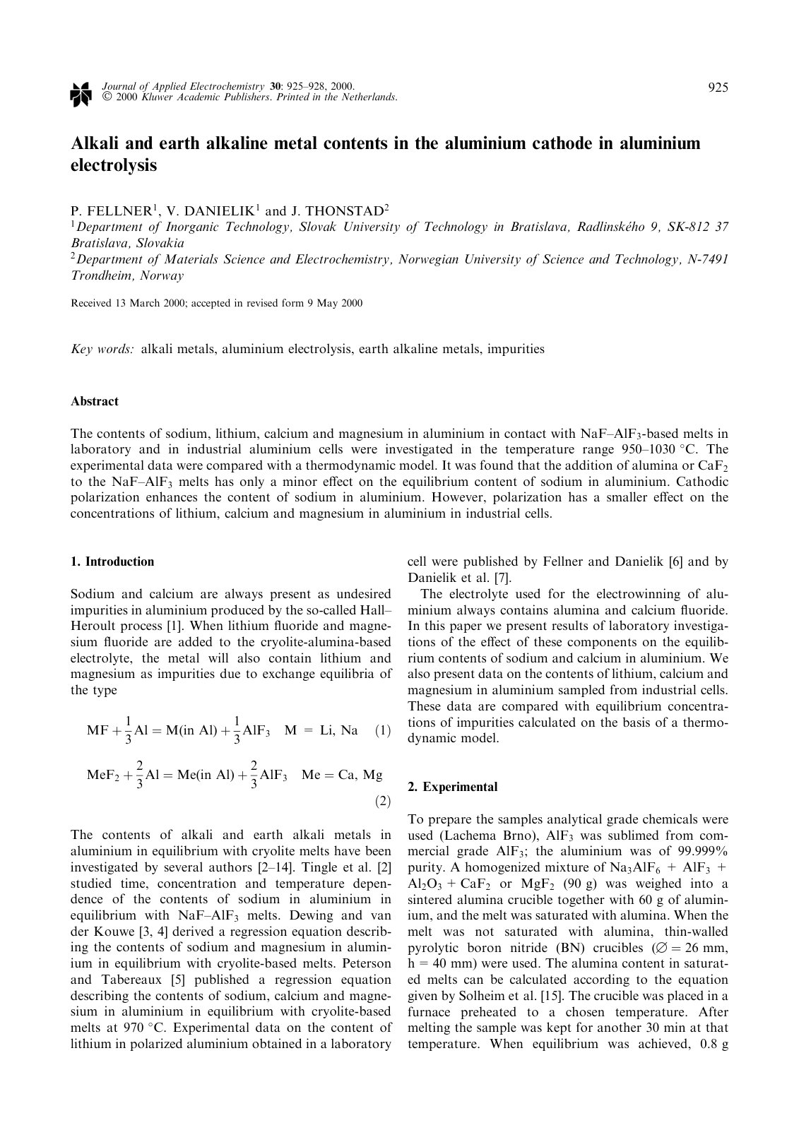First page of Alkali and earth alkaline metal contents