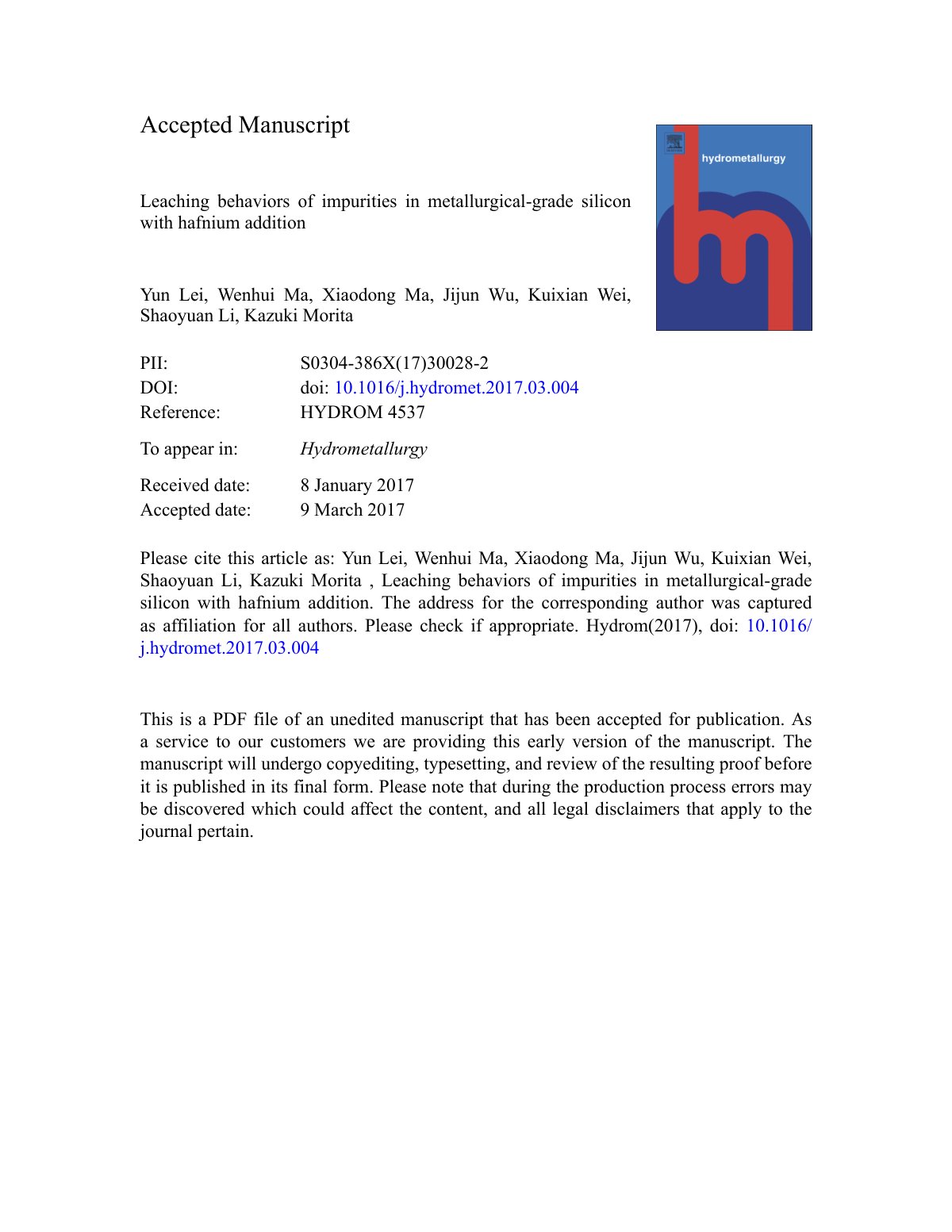 First page of Leaching behaviors of impurities in metallurgical-grade silicon with hafnium addition