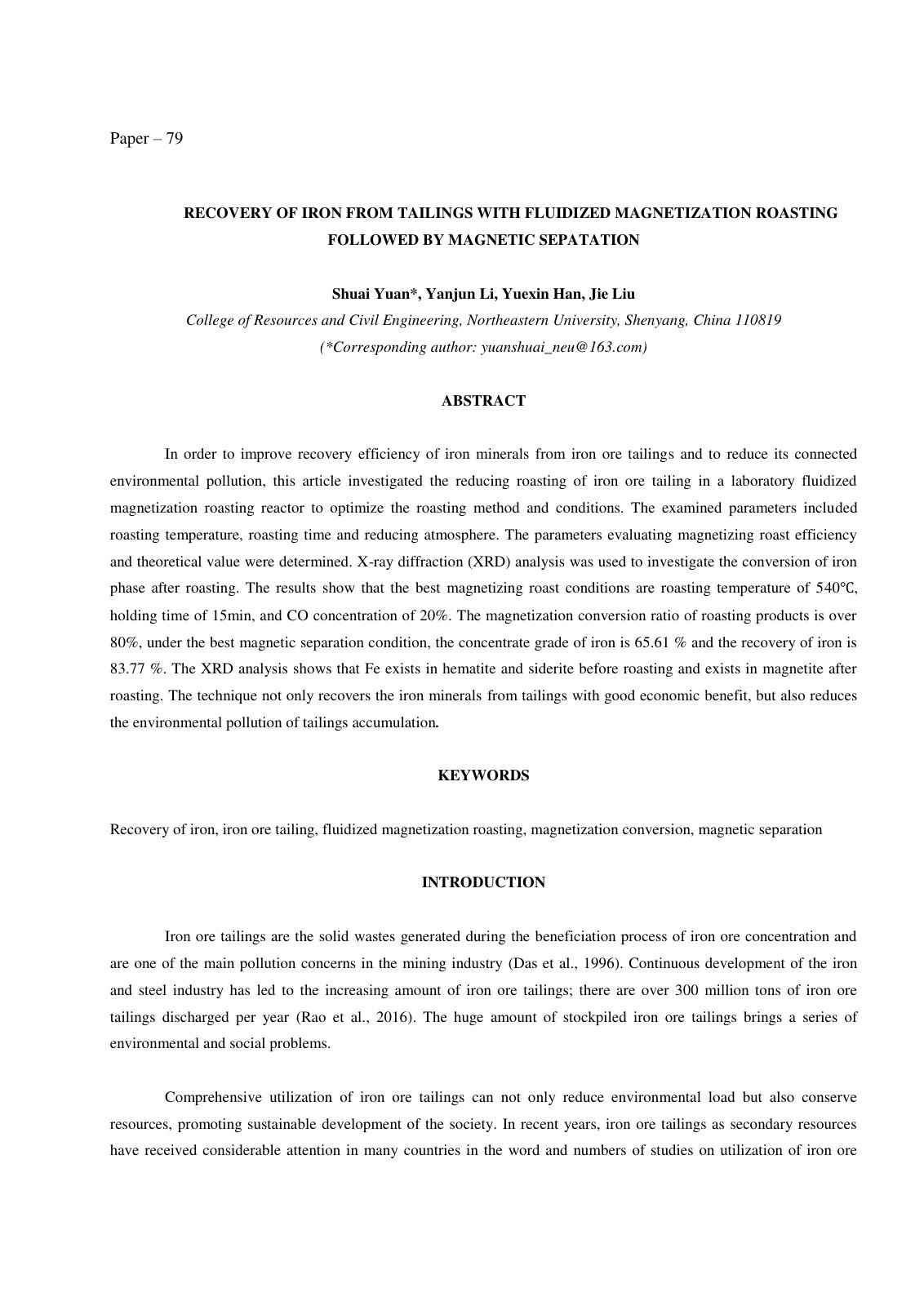 First page of Recovery of Iron from Tailings with Fluidized Magnetization Roasting Followed by Magnetic Separation