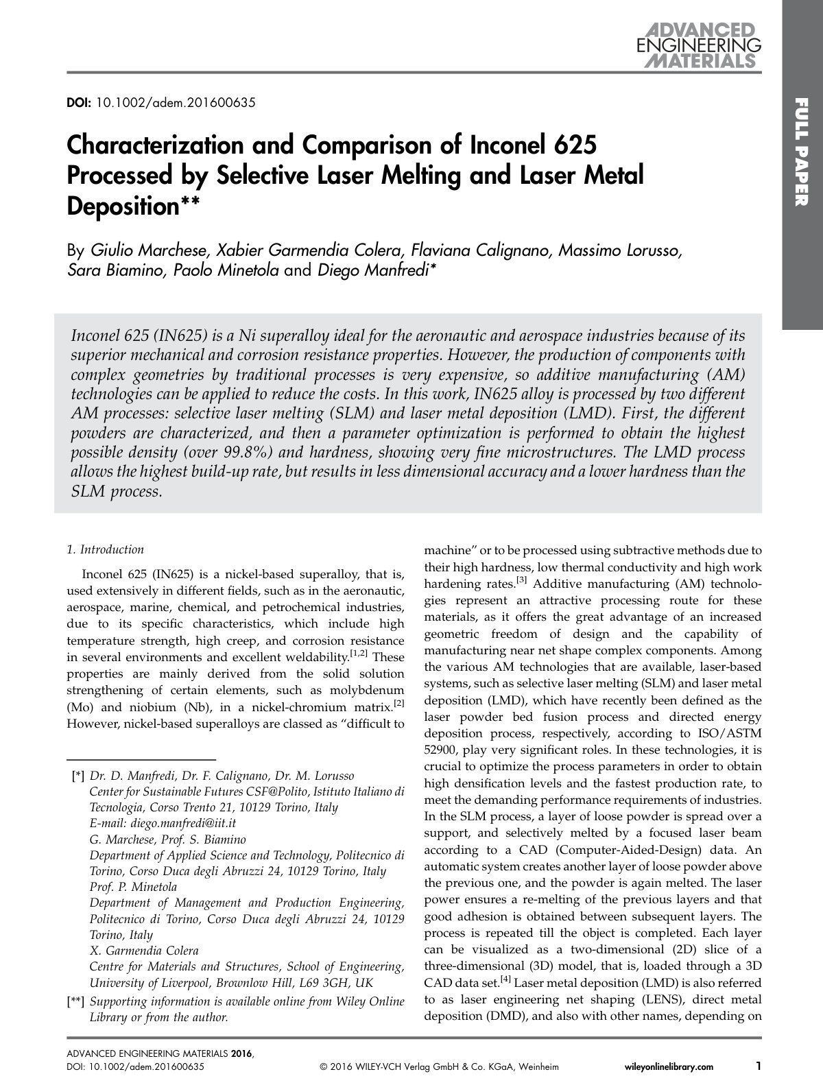 First page of Characterization and Comparison of Inconel 625 Processed by Selective Laser Melting and Laser Metal Deposition