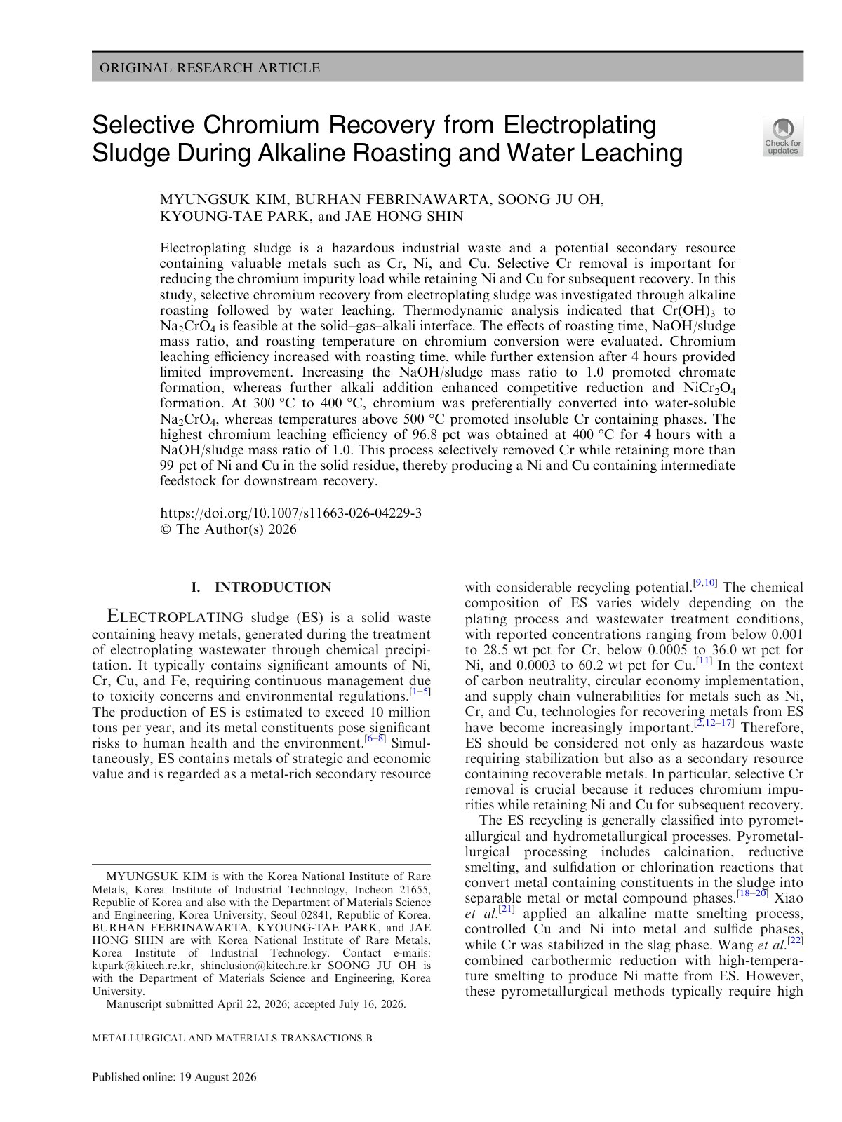 First page of 2026   Kim   Selective chromium recovery from electroplating sludge