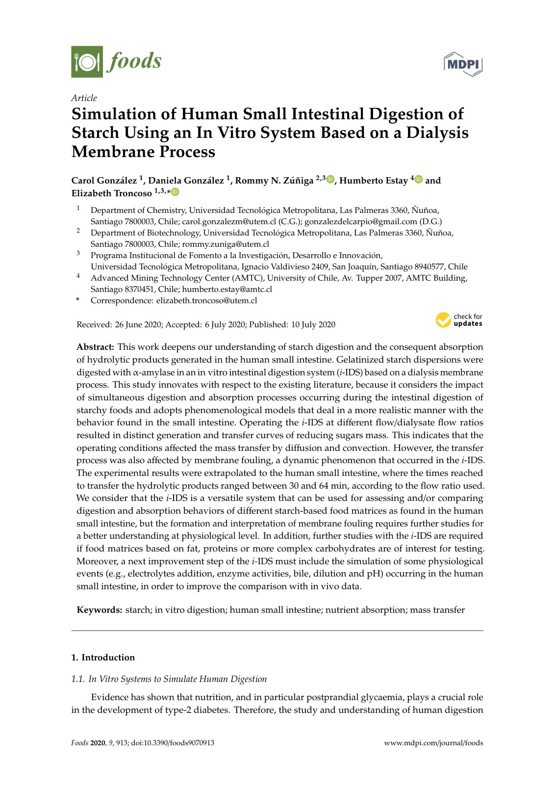 First page of Simulation of Human Small Intestinal Digestion of Starch Using an In Vitro System Based on a Dialysis Membrane Process