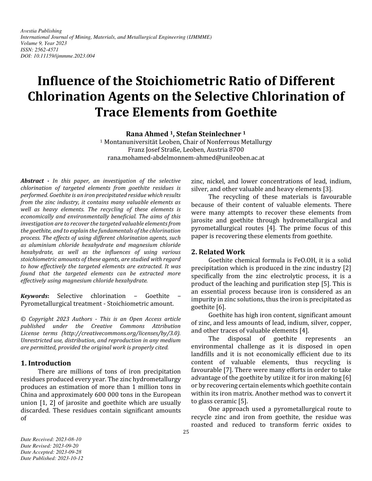 First page of Influence of the Stoichiometric Ratio of Different Chlorination Agents on the Selective Chlorination of Trace Elements from Goethite