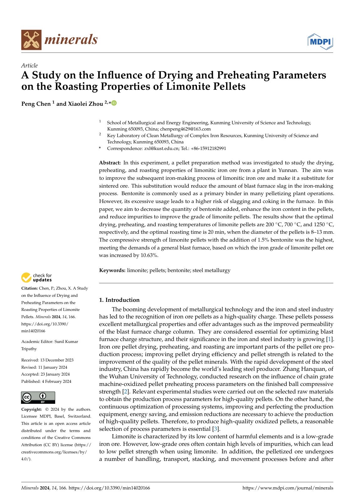 First page of 2024 Chen Limonite Pellet Roasting