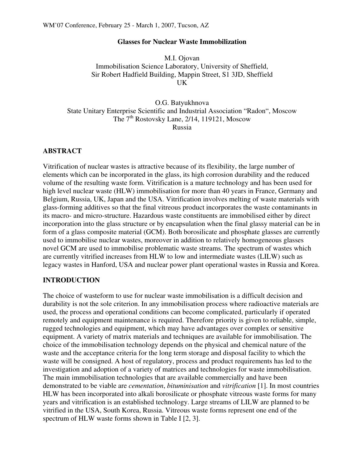 First page of Glasses for Nuclear Waste Immobilization