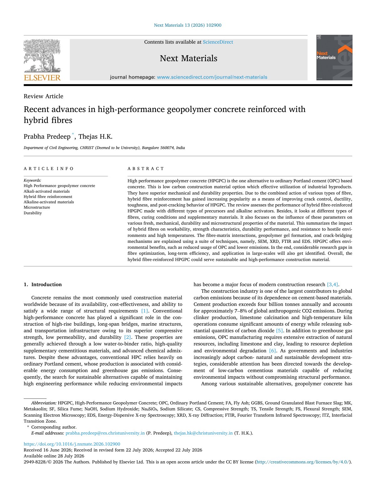 First page of Recent advances in high performance geopolymer concrete reinf 2026 Next Mate