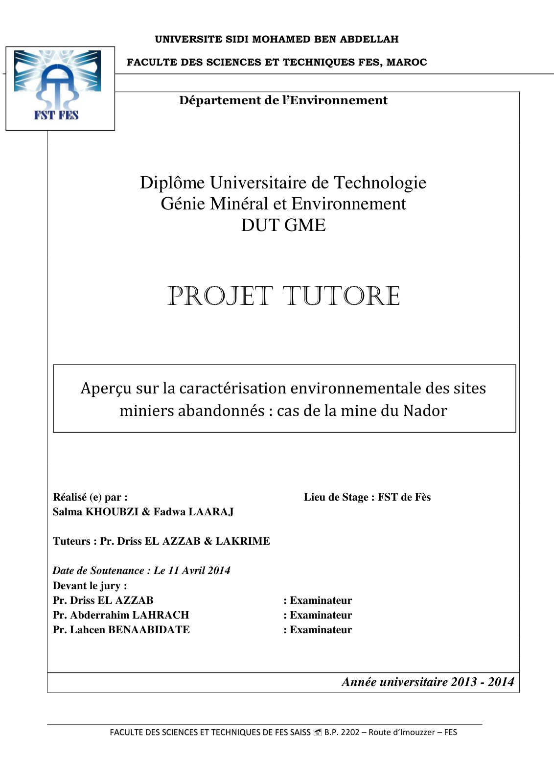 First page of Apercu sur la caracterisation environnem