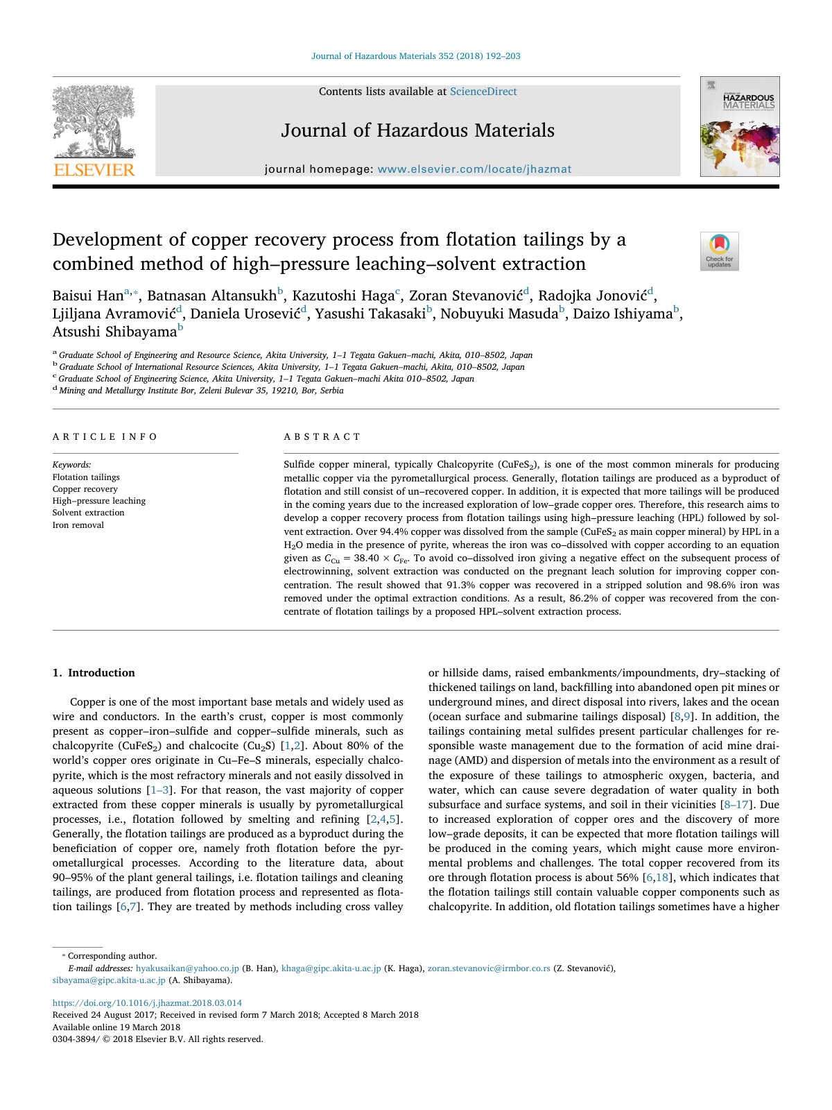 First page of Development of copper recovery process f