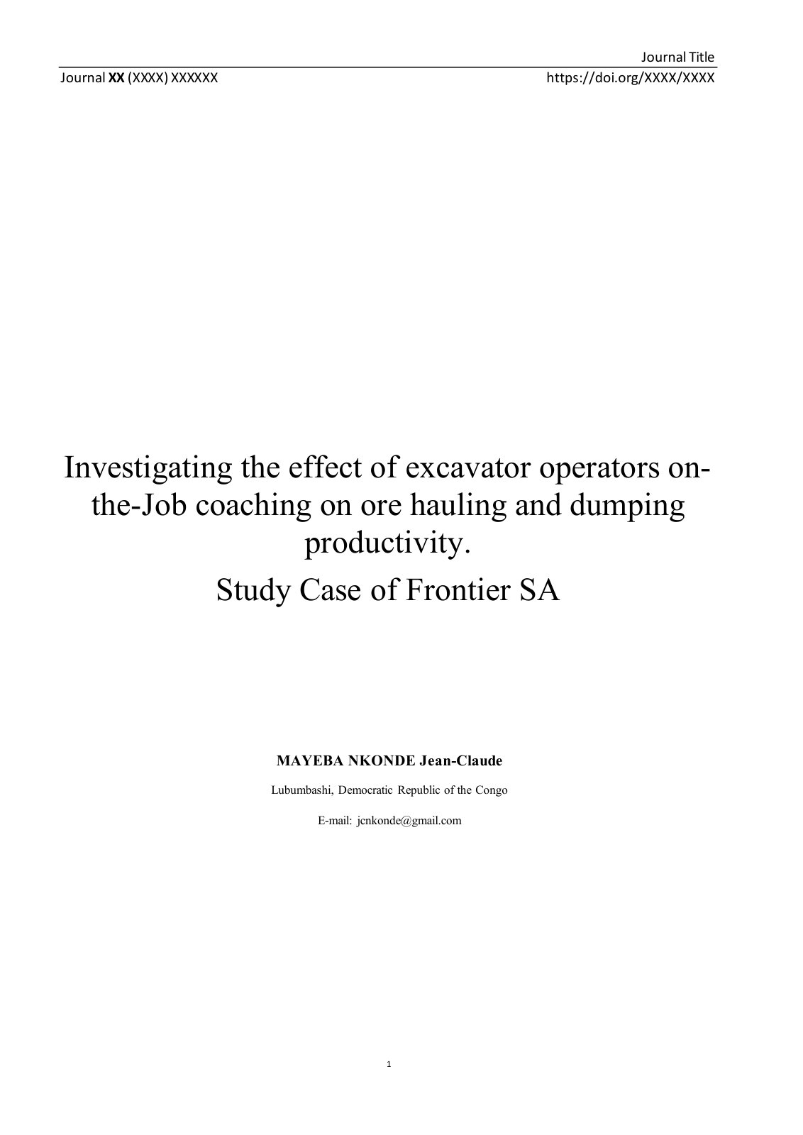 First page of Investigating the effect of excavator operators on- the-Job coaching on ore hauling and dumping  productivity.  Study Case of Frontier SA -Preprint