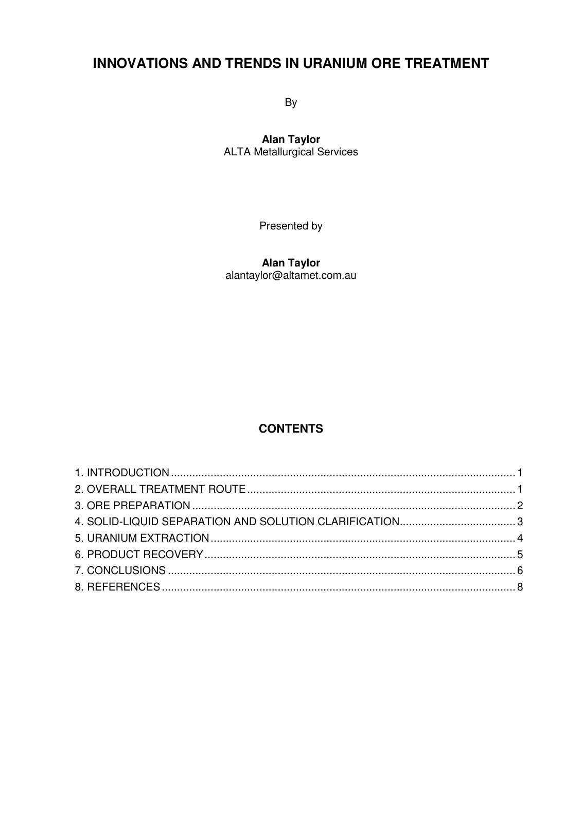 First page of Innovations and Trends in Uranium Ore Treatment
