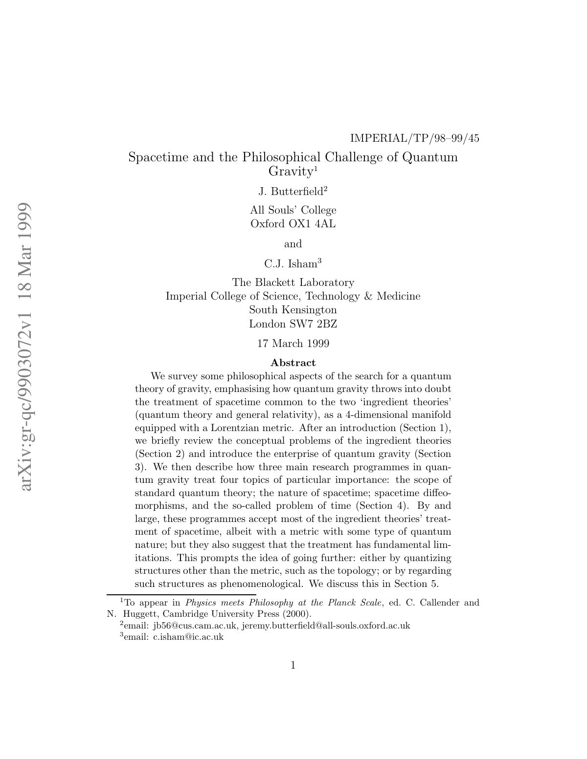 First page of Spacetime and the Philosophical Challeng