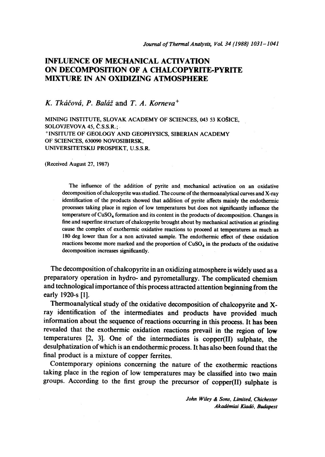 First page of INFLUENCE OF MECHANICAL ACTIVATION ON DECOMPOSITION OF A CHALCOPYRITE-PYRITE MIXTURE IN AN OXIDIZING ATMOSPHERE