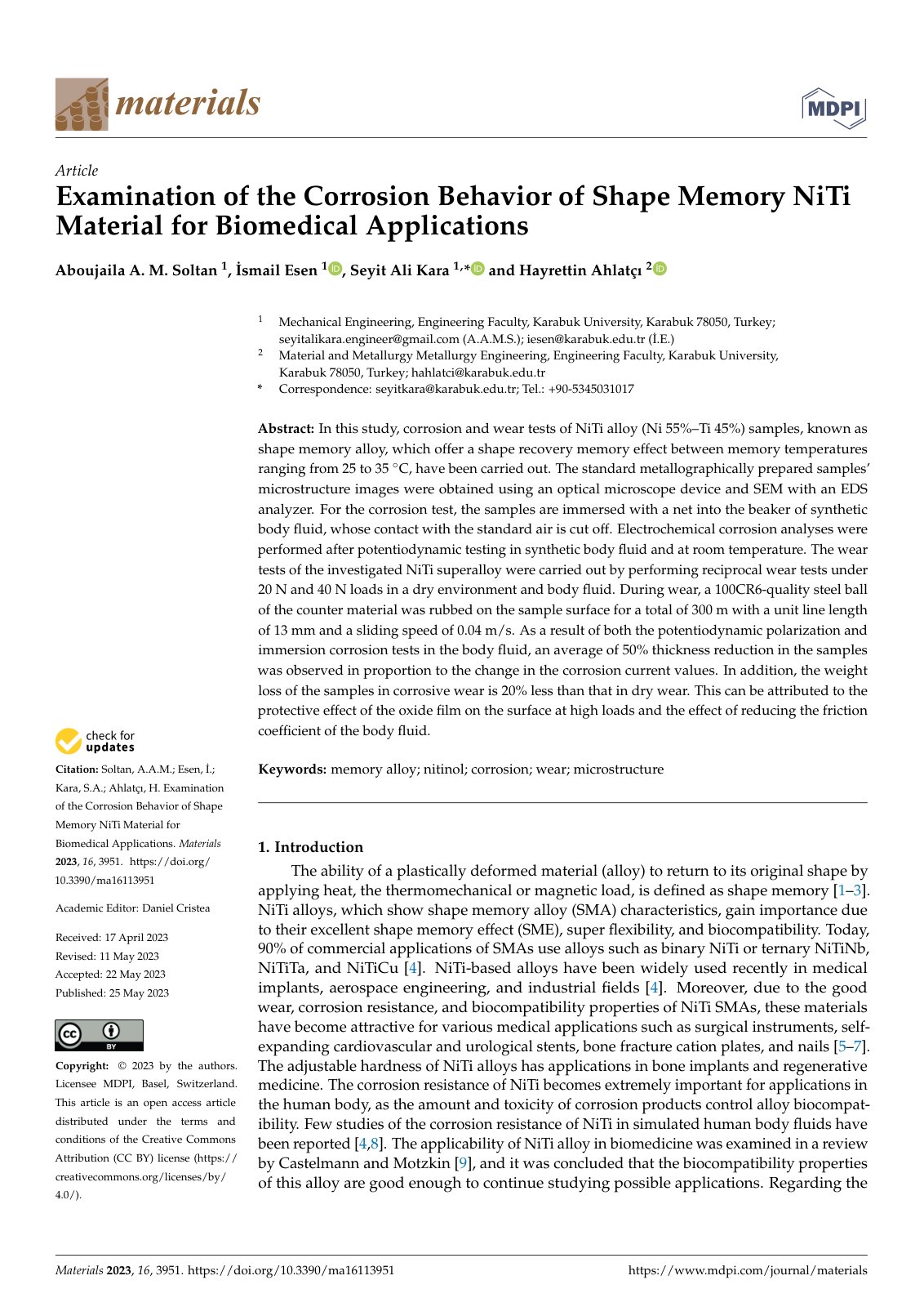 First page of Examination of the Corrosion Behavior of Shape Memory NiTi Material for Biomedical Applications