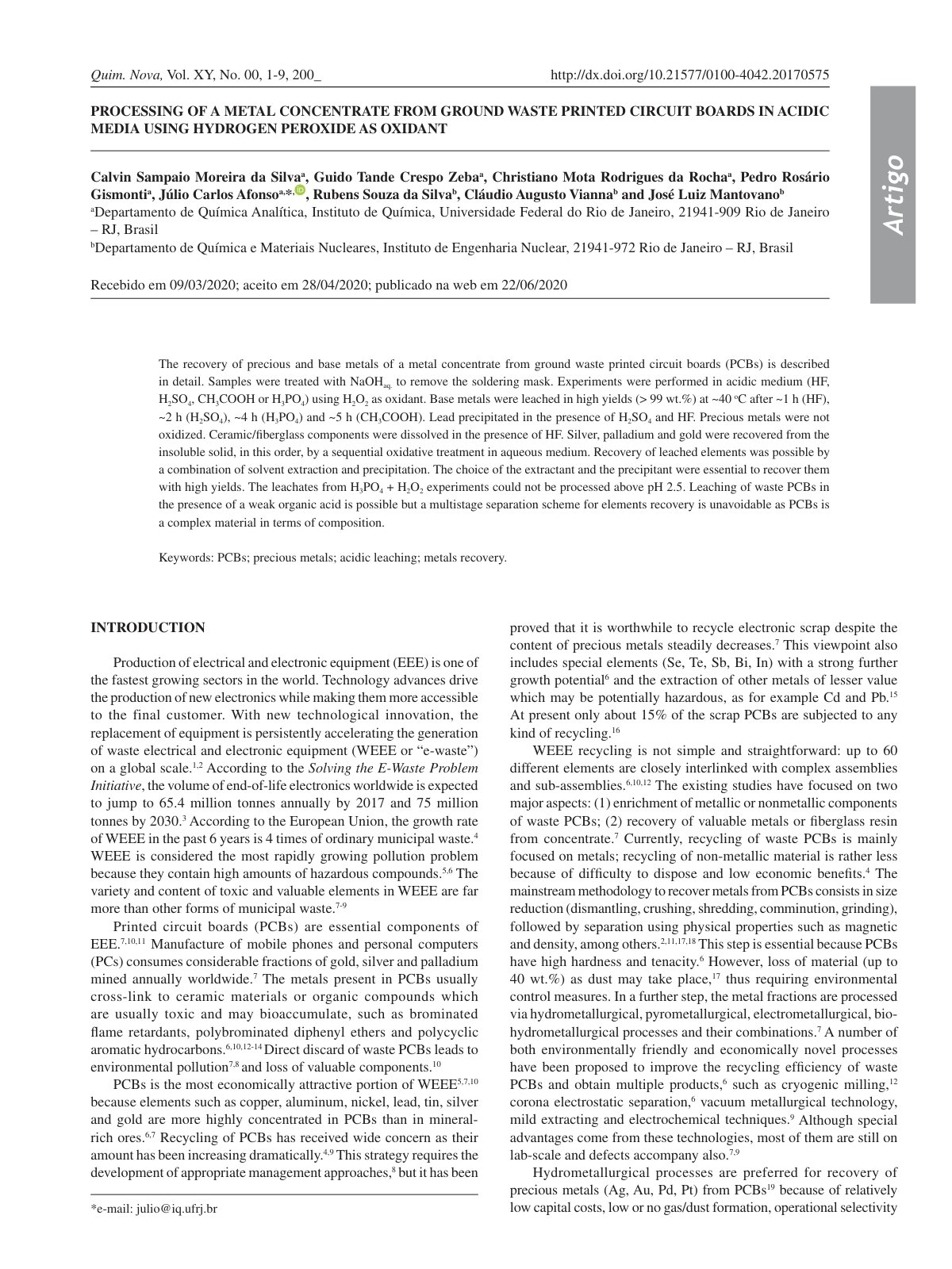 First page of PROCESSING OF A METAL CONCENTRATE FROM GROUND WASTE PRINTED CIRCUIT BOARDS IN ACIDIC MEDIA USING HYDROGEN PEROXIDE AS OXIDANT