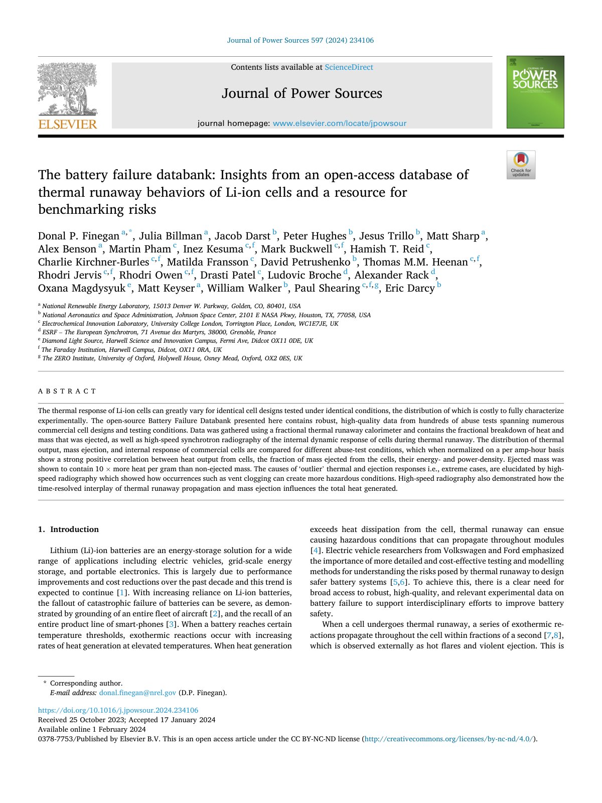 First page of The battery failure databank: Insights from an open-access database of thermal runaway behaviors of Li-ion cells and a resource for benchmarking risks