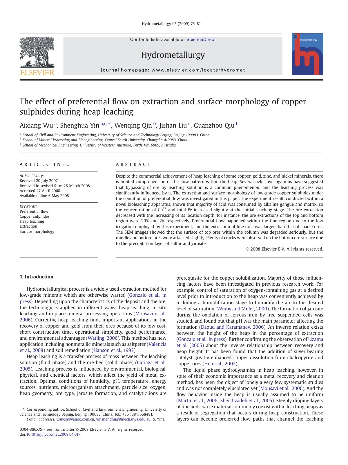 First page of The effect of preferential flow on extraction and surface morphology of copper sulphides during heap leaching