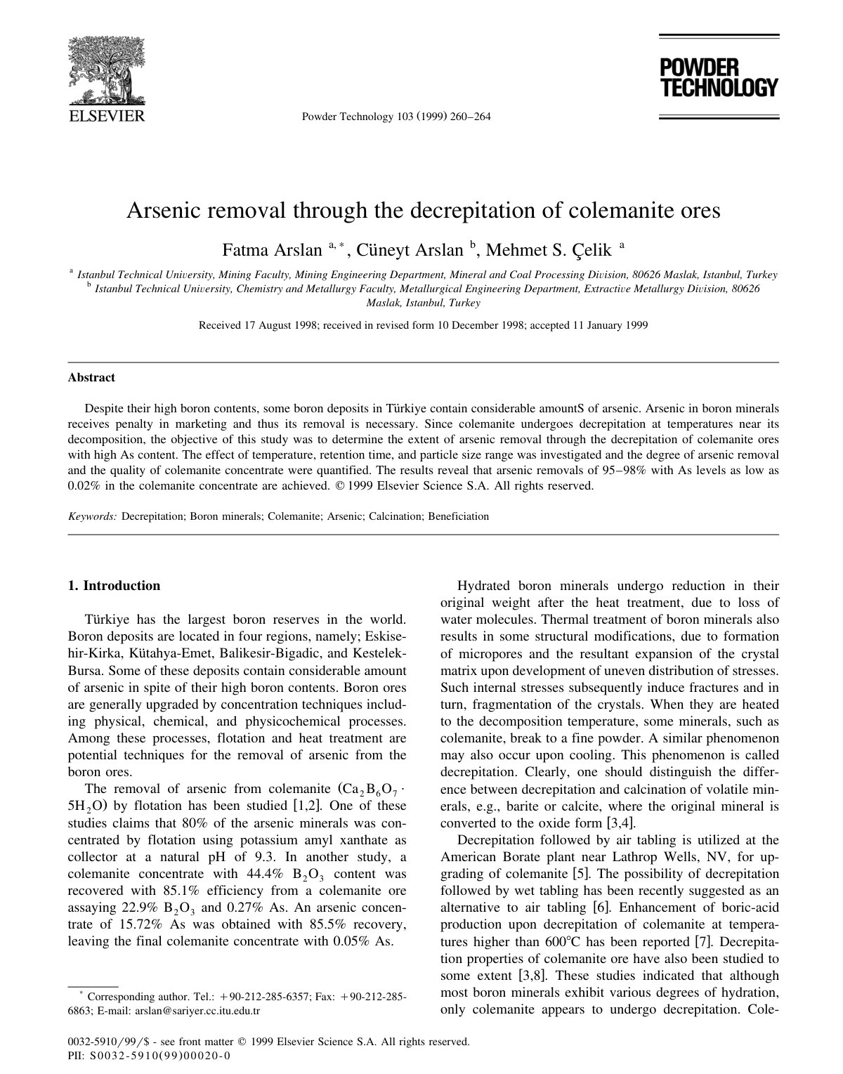 First page of Arsenic removal through the decrepitation of colemanite ores