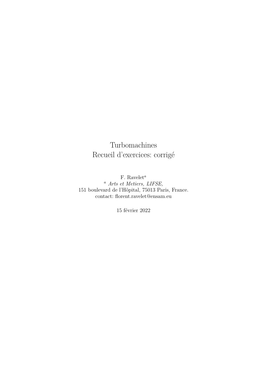 First page of Turbomachines Recueil d’exercices: corrigé
