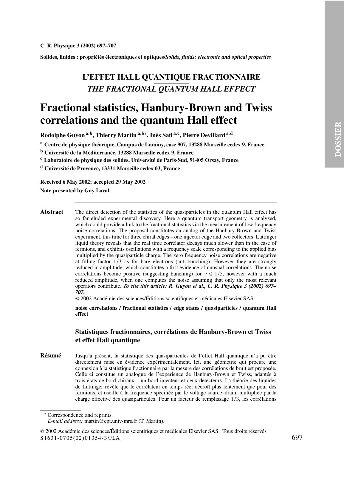 First page of Fractional statistics Hanbury Brown and